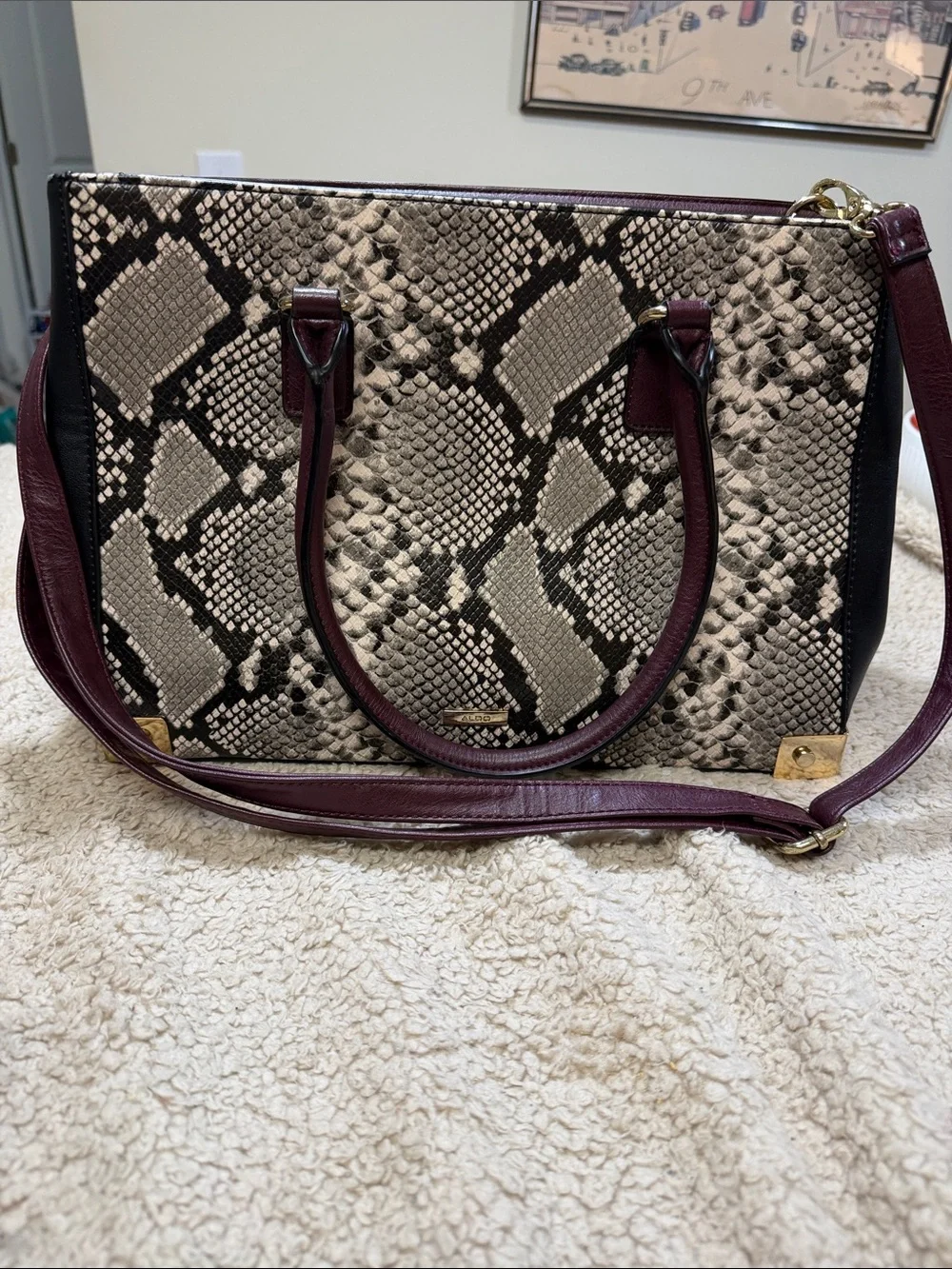 Aldo Burgundy and Beige Python-Pattern Satchel with Gold Accents
